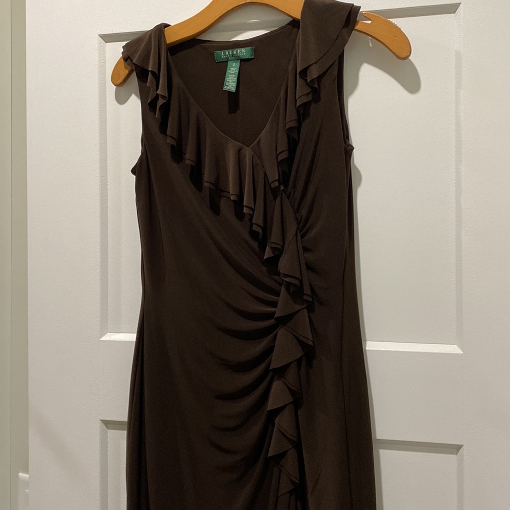 Lauren Ralph Lauren Brown Ruffle-Trim Midi Dress